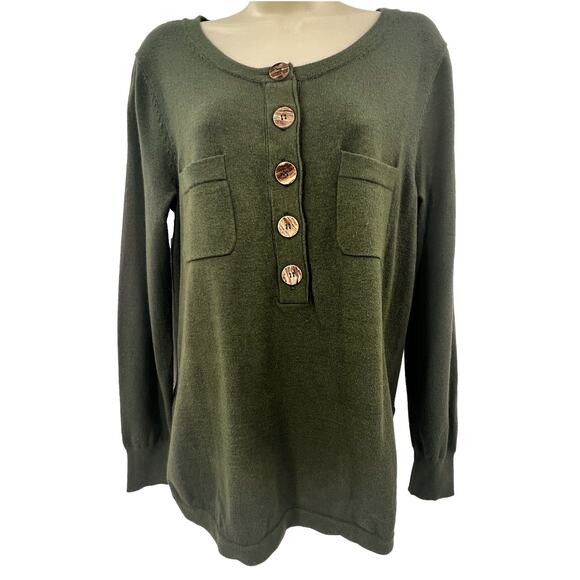Soft Surroundings Sweater Women's Size M Green Wood Style Buttons Pockets Cozy - Picture 2 of 8